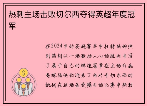 热刺主场击败切尔西夺得英超年度冠军