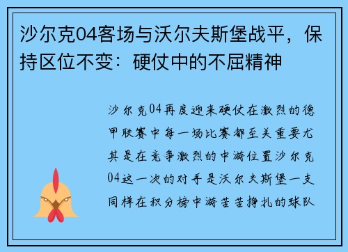 沙尔克04客场与沃尔夫斯堡战平，保持区位不变：硬仗中的不屈精神